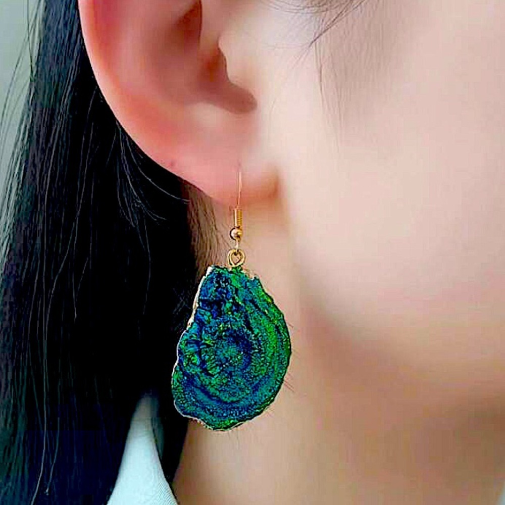 Vintage French Crystal Blue Shell Design Gold Dangle Boho Earrings